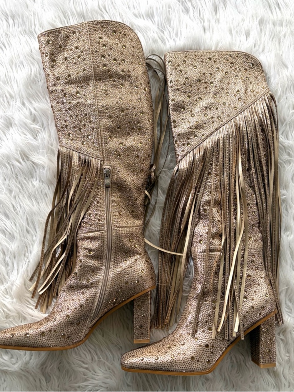 Gold Rhinestone Fringe Knee-High Heeled Boots Size 9 - Picture 2 of 9
